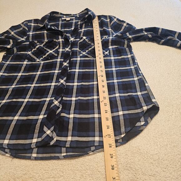 Michael Michael Kors Plaid Button Front Shirt Studded Pockets Blue Black Large - Picture 7 of 10